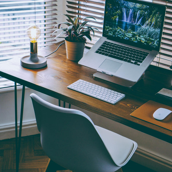 Escritorio  con soporte laptop ergonomico, computador y plantas