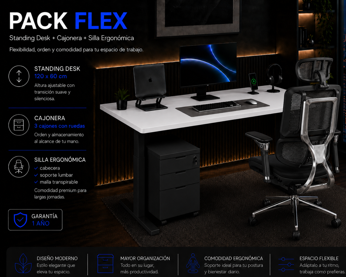 Pack Flex: Standing desk + Silla + Cajonera