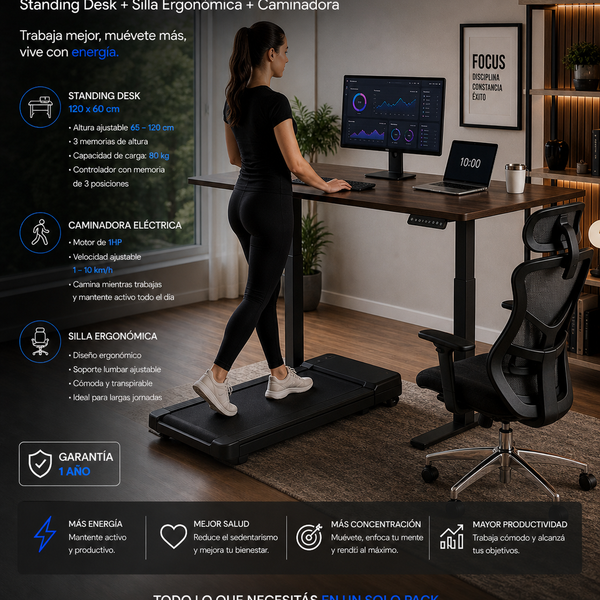 Pack Bienestar: Standing Desk + Silla Ergonómica + Caminadora