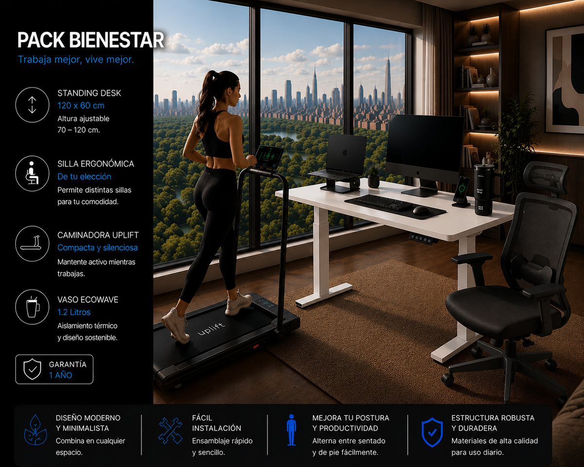 Pack Bienestar: Standing Desk + Silla Ergonómica + Caminadora + Producto Ecowave