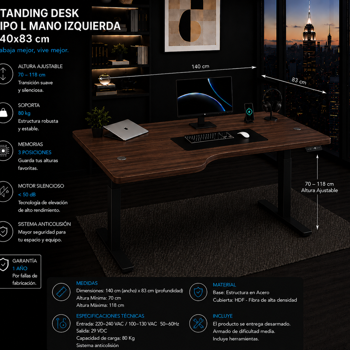 Standing Desk L Mano Izquierda 1.40x83 cm
