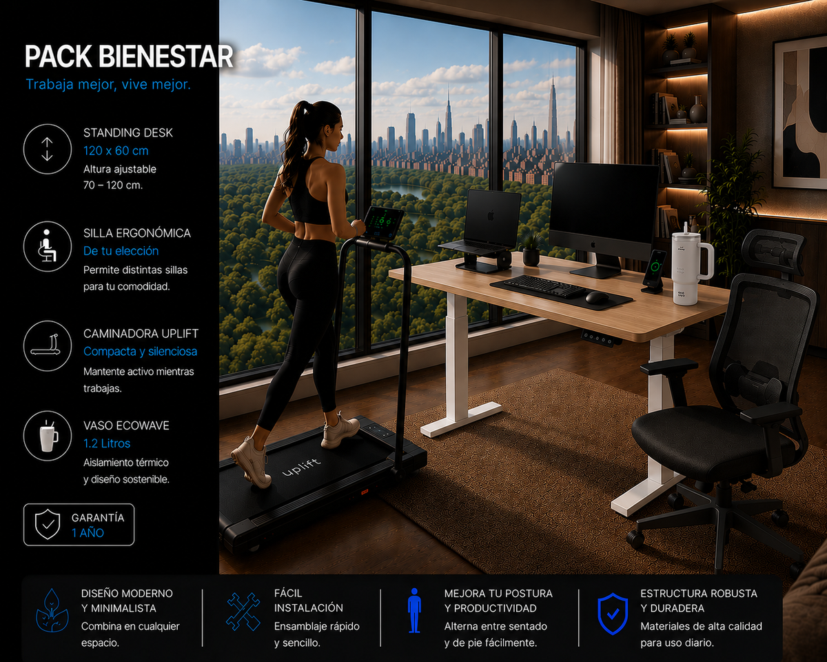 Pack Bienestar: Standing Desk + Silla Ergonómica + Caminadora + Producto Ecowave