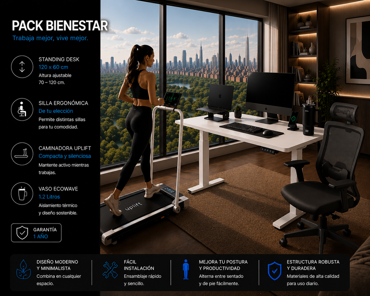 Pack Bienestar: Standing Desk + Silla Ergonómica + Caminadora + Producto Ecowave