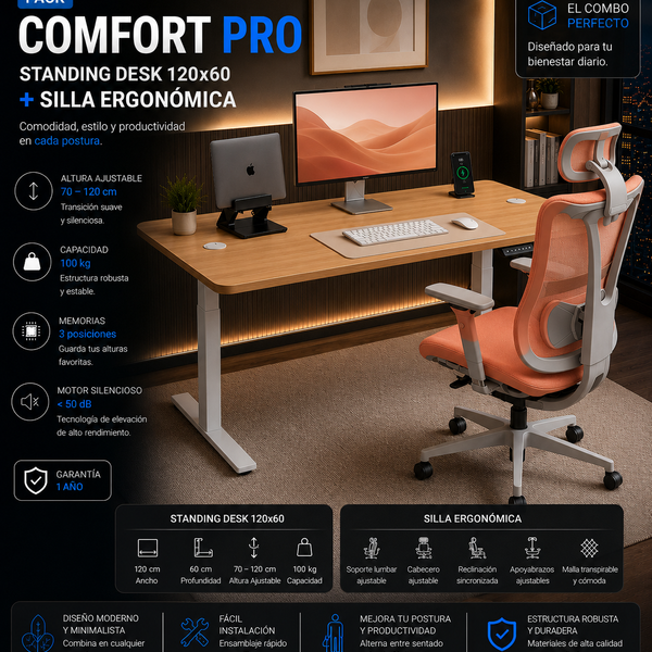 Pack Comfort Pro: Standing Desk + Silla Ergonómica