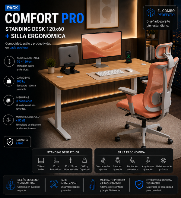 Pack Comfort Pro: Standing Desk + Silla Ergonómica