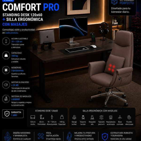 Pack Comfort Pro: Standing Desk + Silla Ergonómica