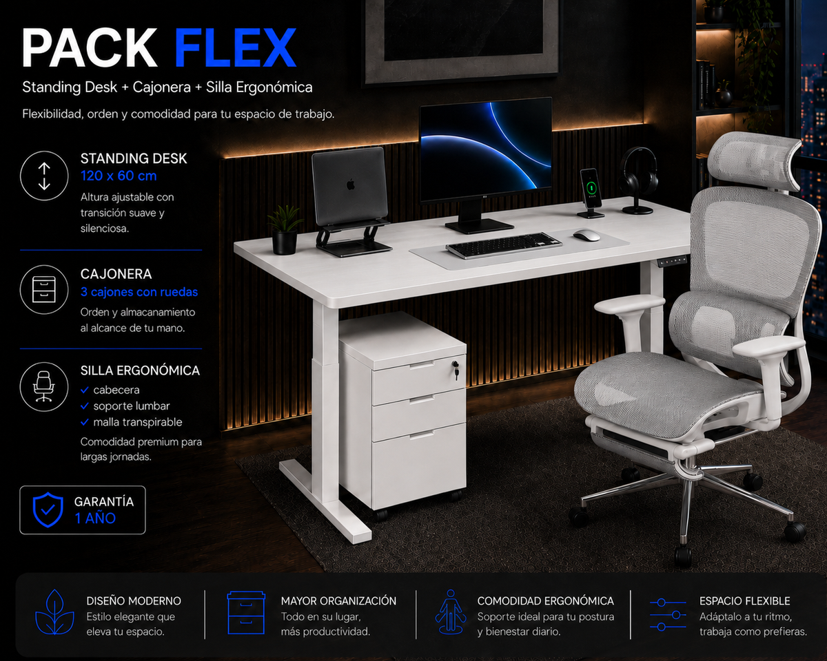 Pack Flex: Standing desk + Silla + Cajonera