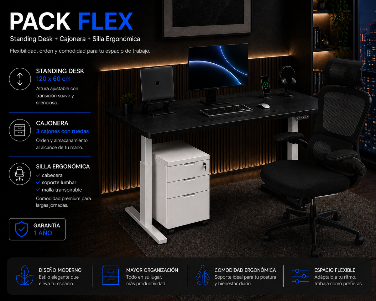 Pack Flex: Standing desk + Silla + Cajonera