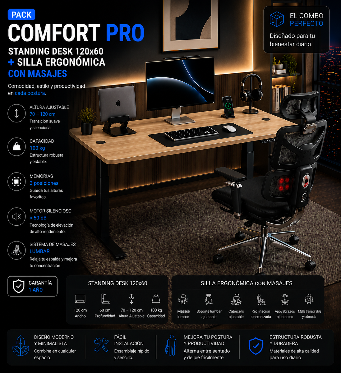 Pack Comfort Pro: Standing Desk + Silla Ergonómica