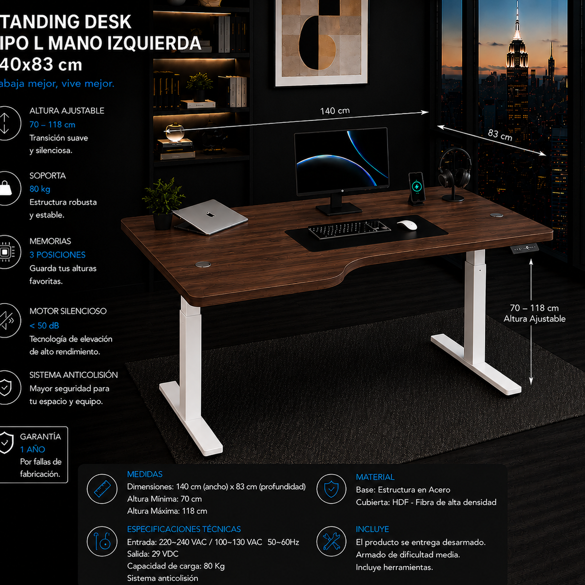 Standing Desk L Mano Izquierda 1.40x83 cm