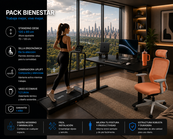 Pack Bienestar: Standing Desk + Silla Ergonómica + Caminadora + Producto Ecowave