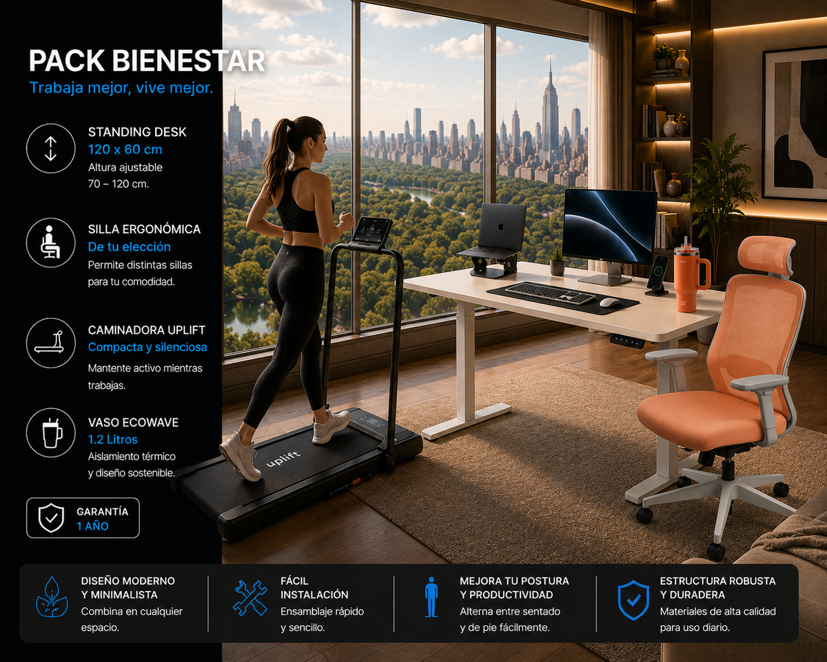 Pack Bienestar: Standing Desk + Silla Ergonómica + Caminadora + Producto Ecowave