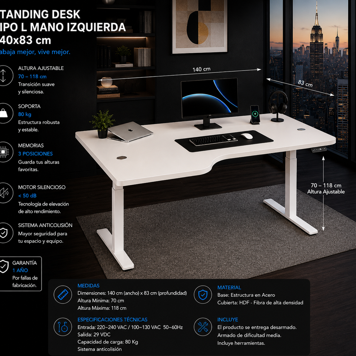 Standing Desk L Mano Izquierda 1.40x83 cm