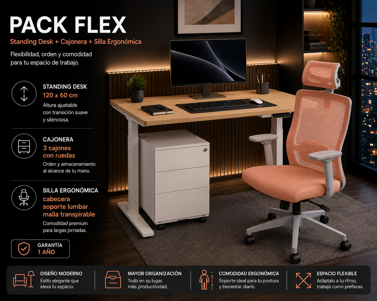 Pack Flex: Standing desk + Silla + Cajonera