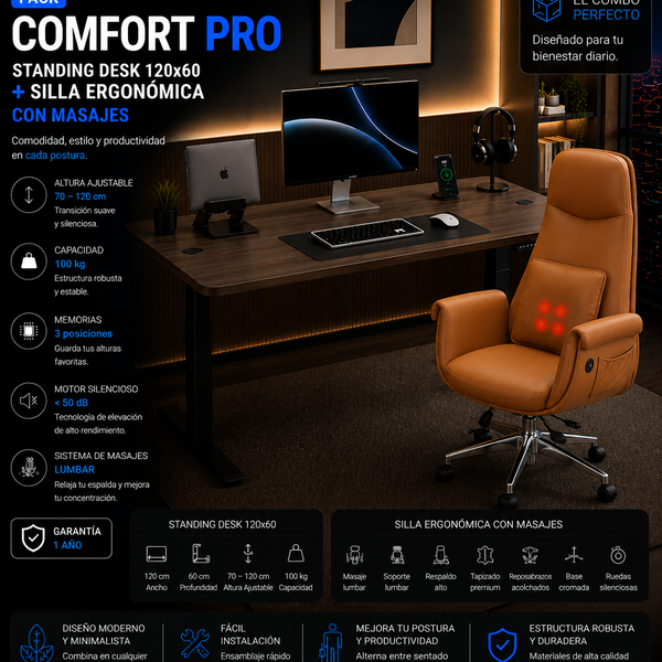 Pack Comfort Pro: Standing Desk + Silla Ergonómica