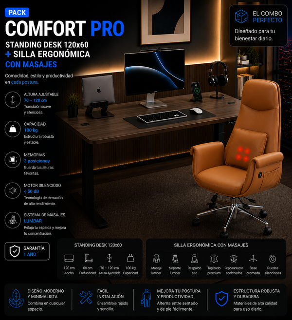 Pack Comfort Pro: Standing Desk + Silla Ergonómica