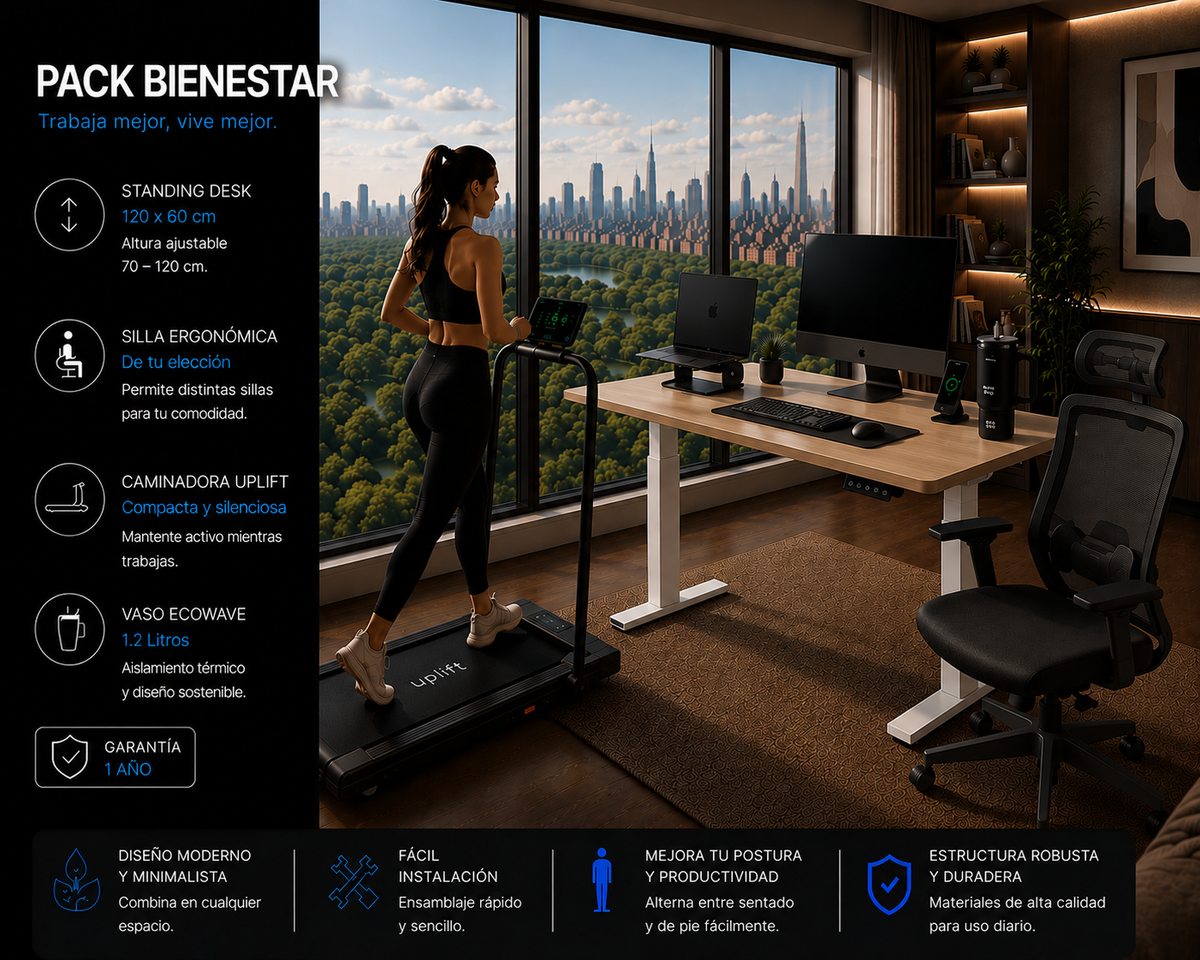 Pack Bienestar: Standing Desk + Silla Ergonómica + Caminadora + Producto Ecowave