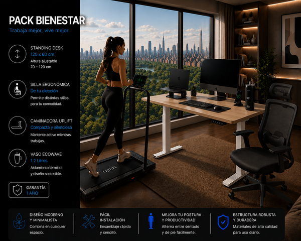 Pack Bienestar: Standing Desk + Silla Ergonómica + Caminadora + Producto Ecowave