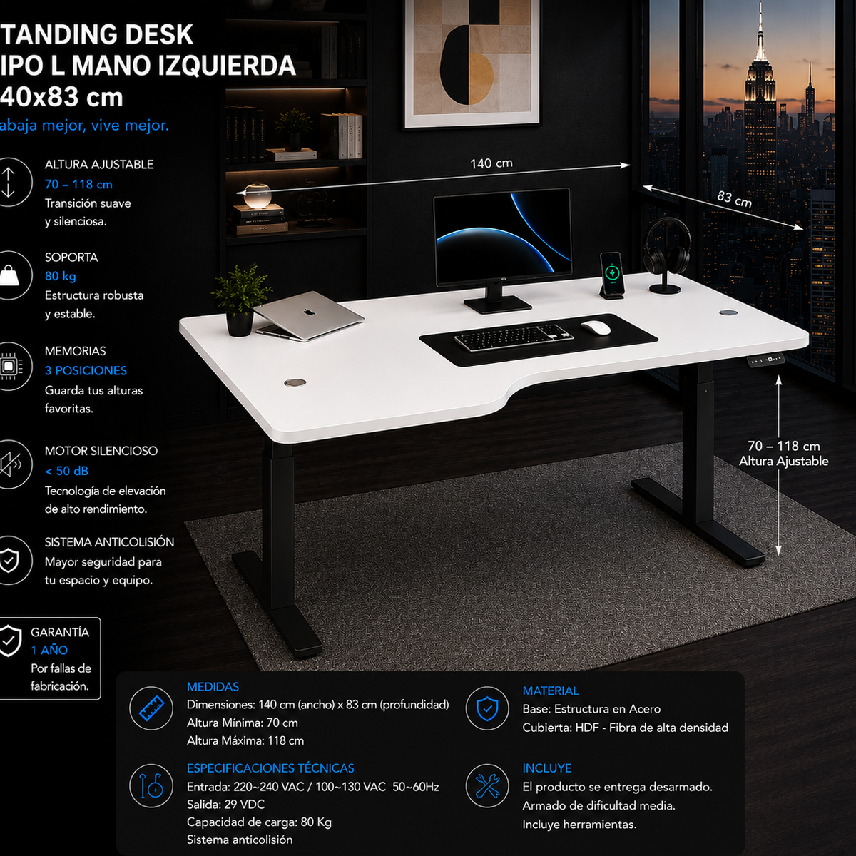 Standing Desk L Mano Izquierda 1.40x83 cm