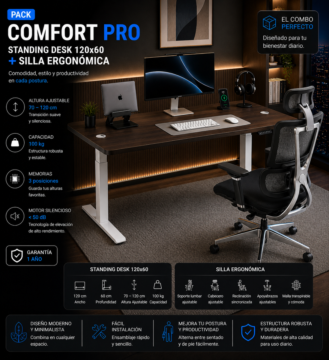 Pack Comfort Pro: Standing Desk + Silla Ergonómica