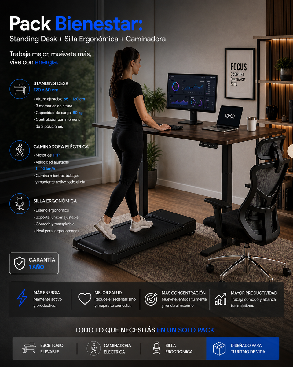 Pack Bienestar: Standing Desk + Silla Ergonómica + Caminadora + Producto Ecowave