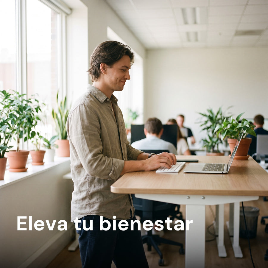 Hombre trabajando de pie en un escritorio standing desk en oficina moderna