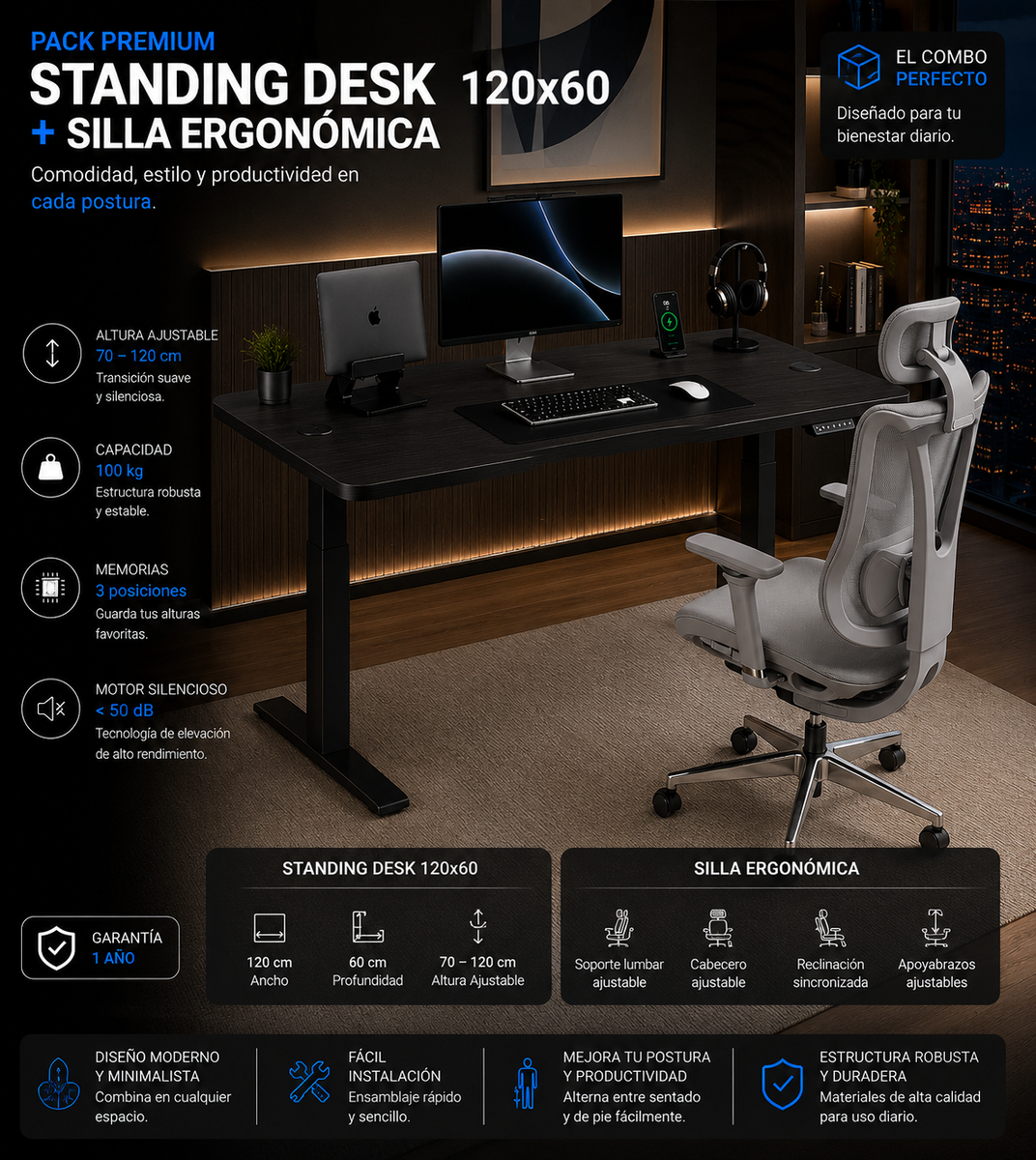 Pack Comfort Pro: Standing Desk + Silla Ergonómica