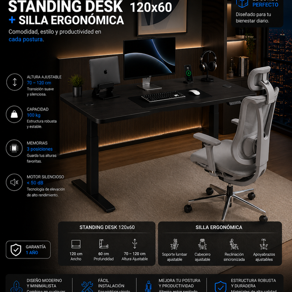 Pack Comfort Pro: Standing Desk + Silla Ergonómica