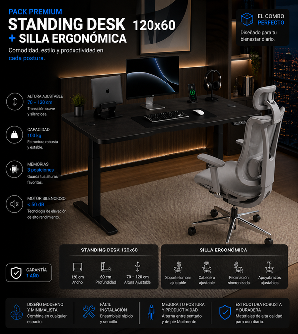 Pack Comfort Pro: Standing Desk + Silla Ergonómica