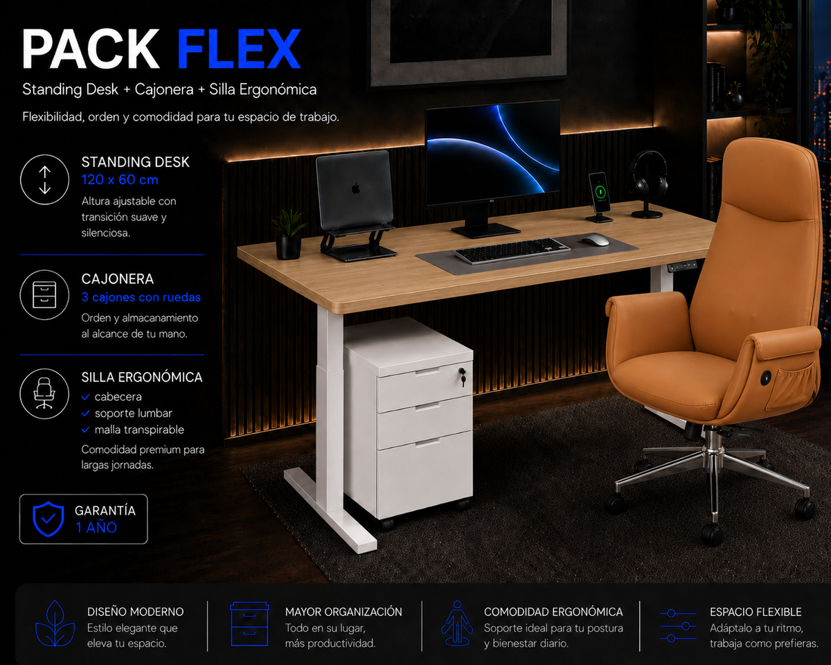 Pack Flex: Standing desk + Silla + Cajonera