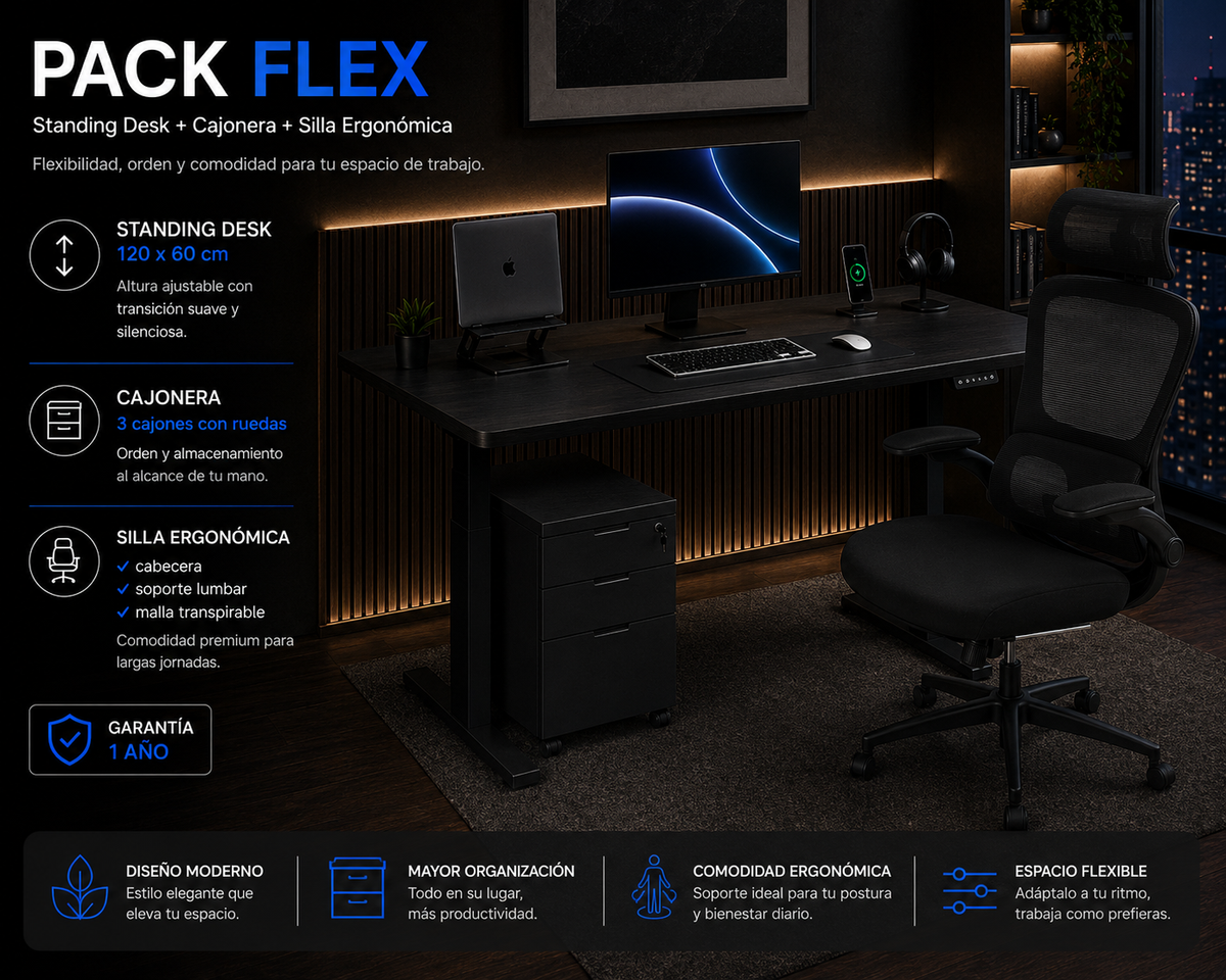 Pack Flex: Standing desk + Silla + Cajonera