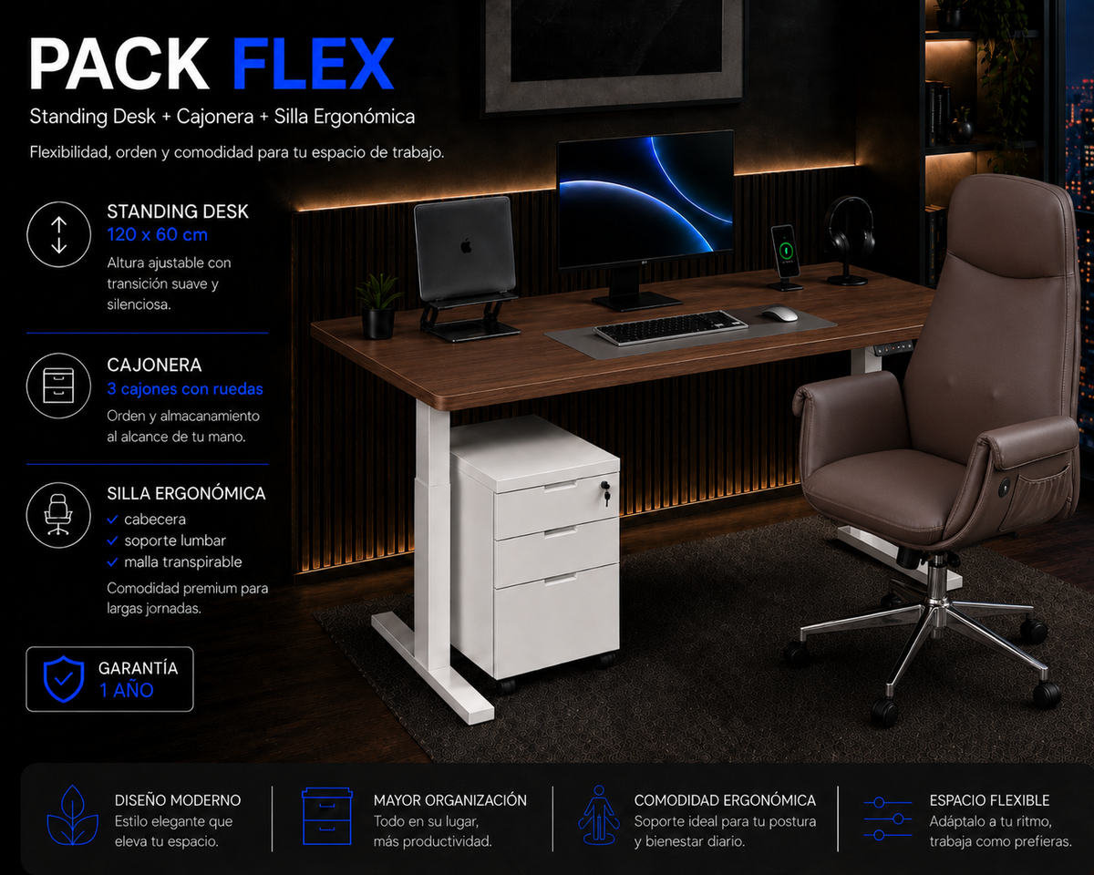 Pack Flex: Standing desk + Silla + Cajonera