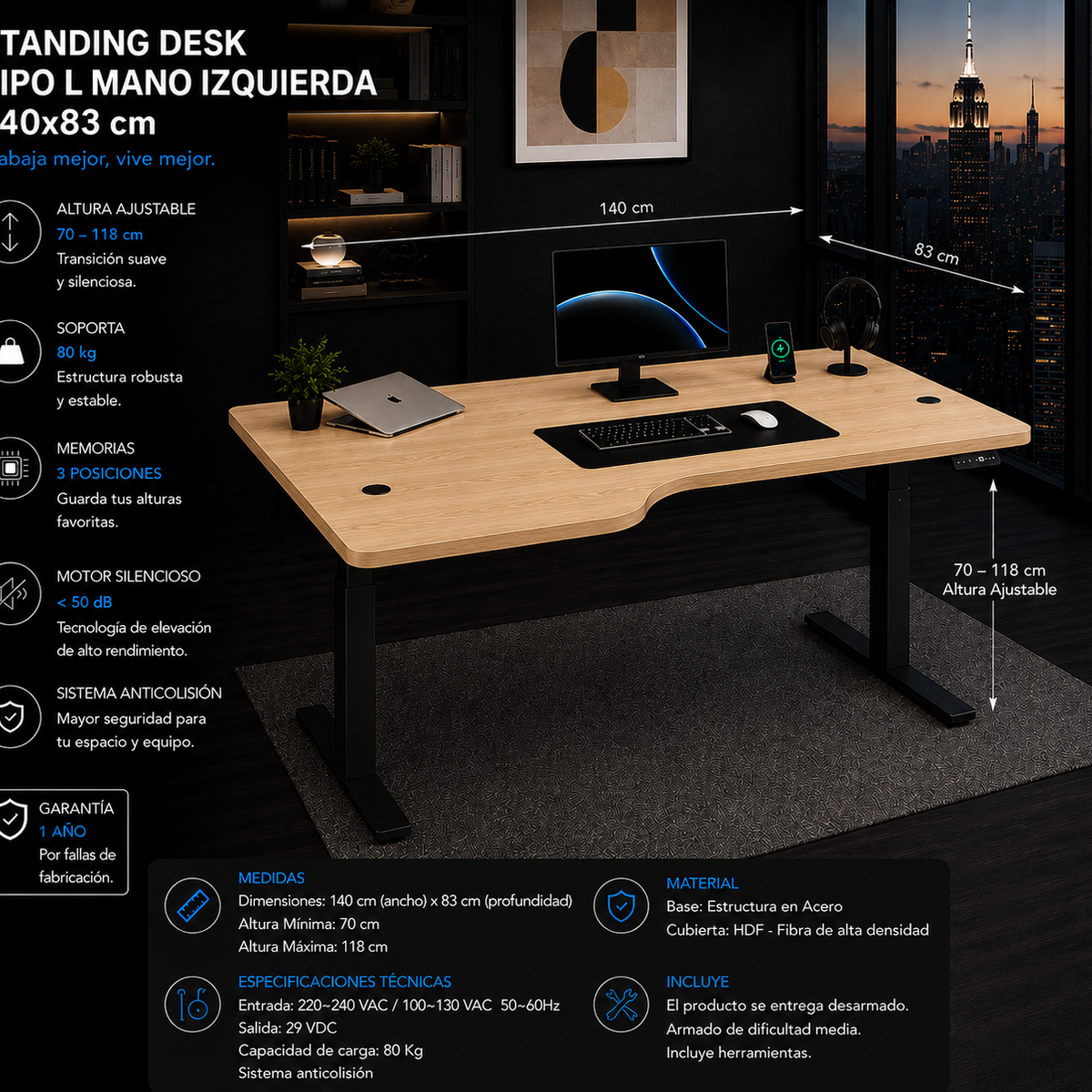 Standing Desk L Mano Izquierda 1.40x83 cm