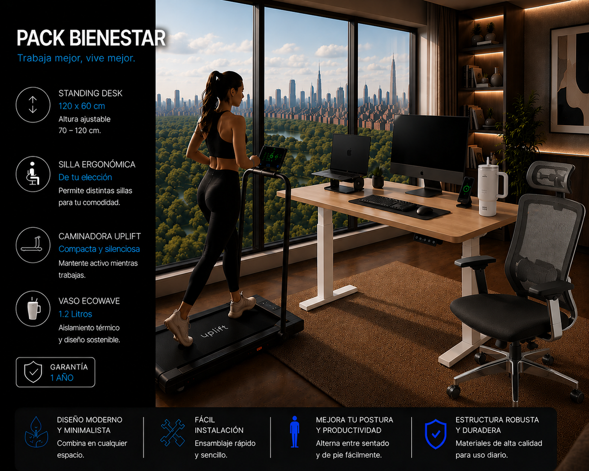 Pack Bienestar: Standing Desk + Silla Ergonómica + Caminadora + Producto Ecowave