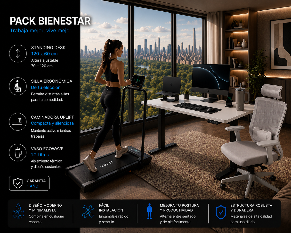 Pack Bienestar: Standing Desk + Silla Ergonómica + Caminadora + Producto Ecowave