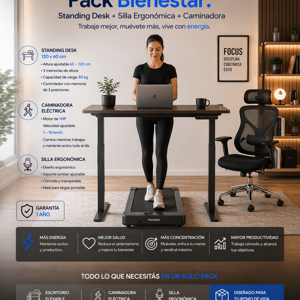 Pack Bienestar: Standing Desk + Silla Ergonómica + Caminadora + Producto Ecowave