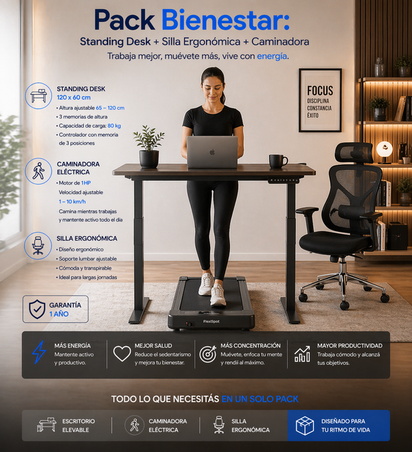 Pack Bienestar: Standing Desk + Silla Ergonómica + Caminadora + Producto Ecowave