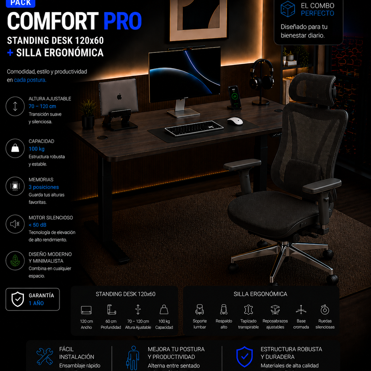 Pack Comfort Pro: Standing Desk + Silla Ergonómica
