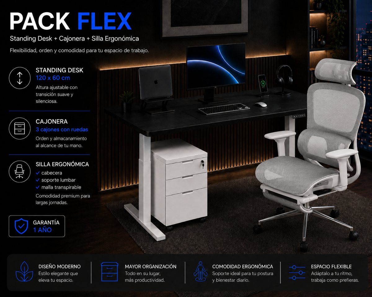 Pack Flex: Standing desk + Silla + Cajonera