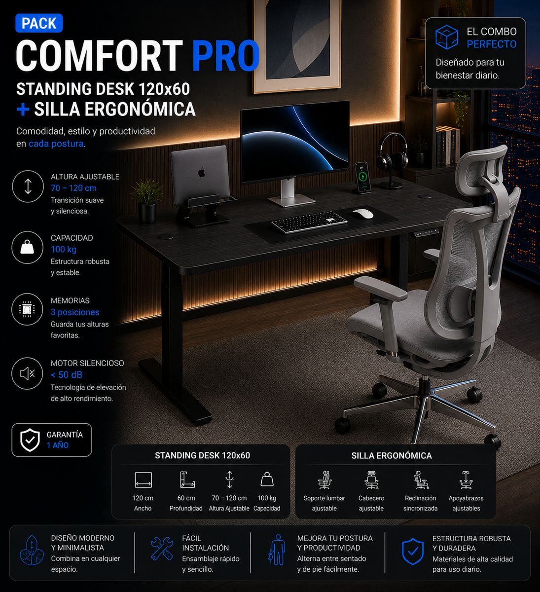 Pack Comfort Pro: Standing Desk + Silla Ergonómica